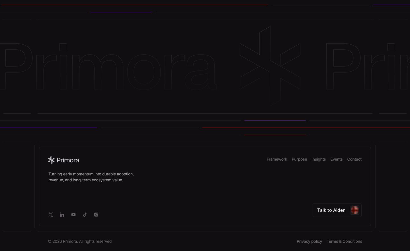 Minimal dark footer framed within a floating container against subtle watermark typography and glowing accent lines.