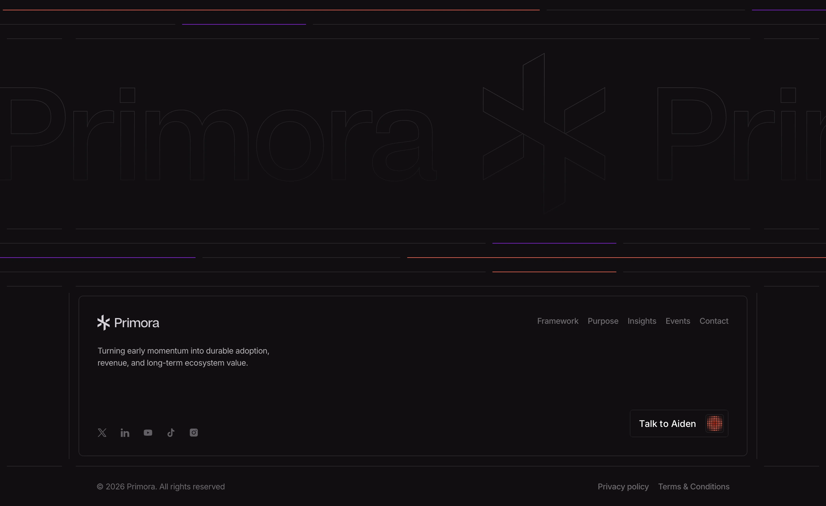 Minimal dark footer framed within a floating container against subtle watermark typography and glowing accent lines.