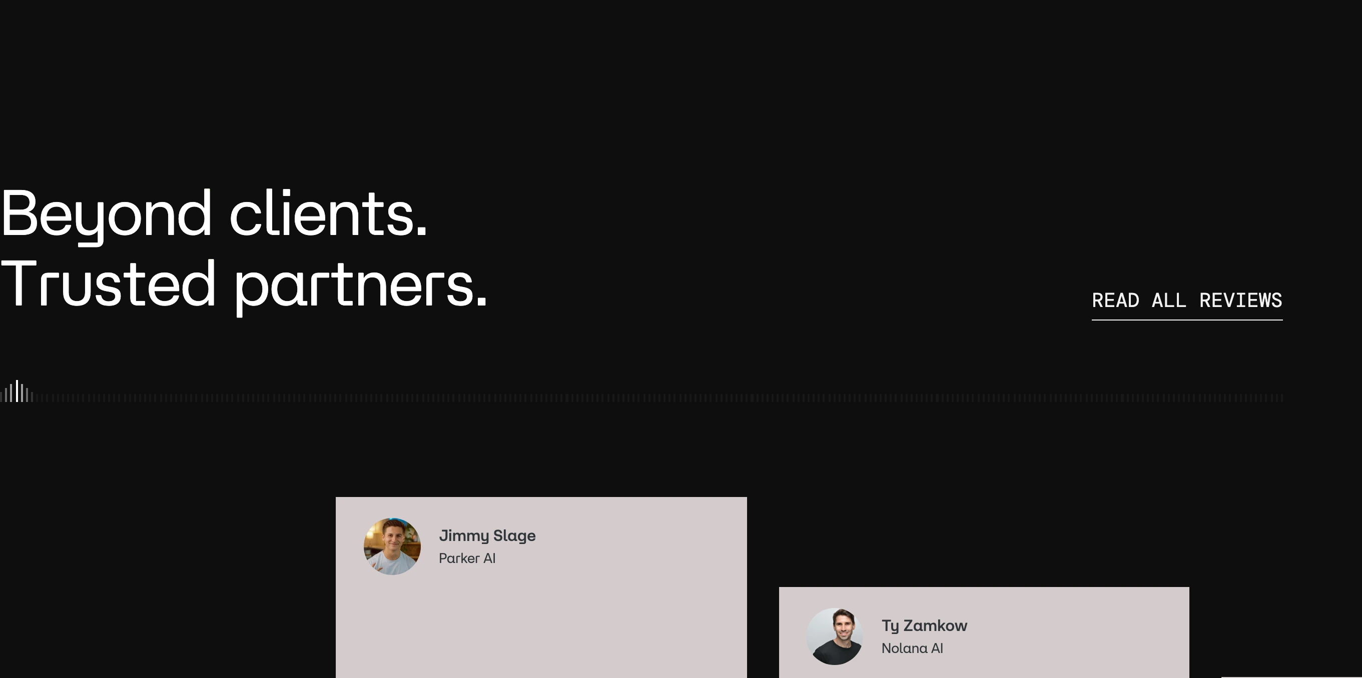 Stark dark-mode testimonial section featuring large geometric sans typography paired with muted floating quote cards.