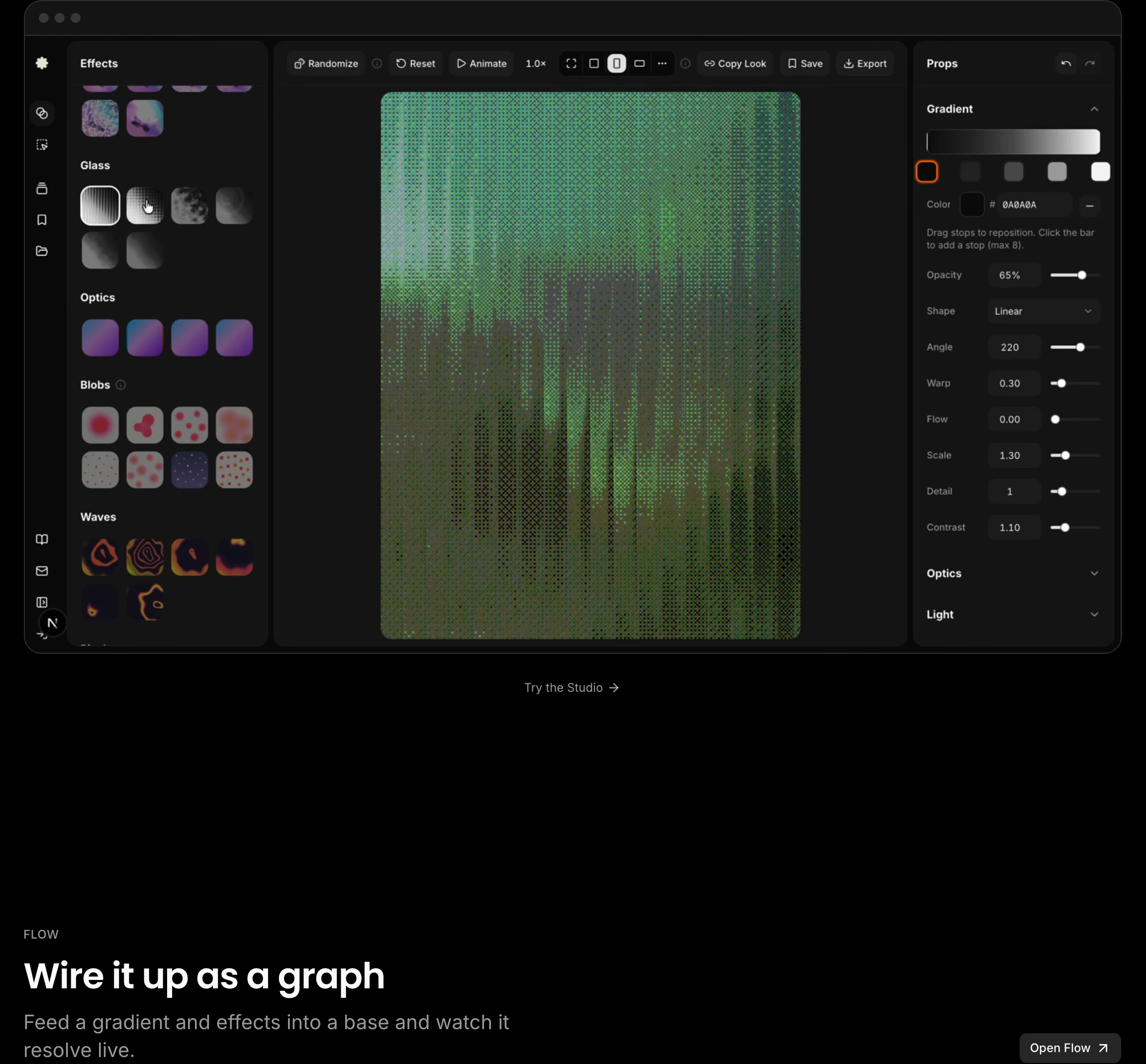 Precise dark-mode creative suite interface showcasing digital generative shaders and tactile parameter controls.