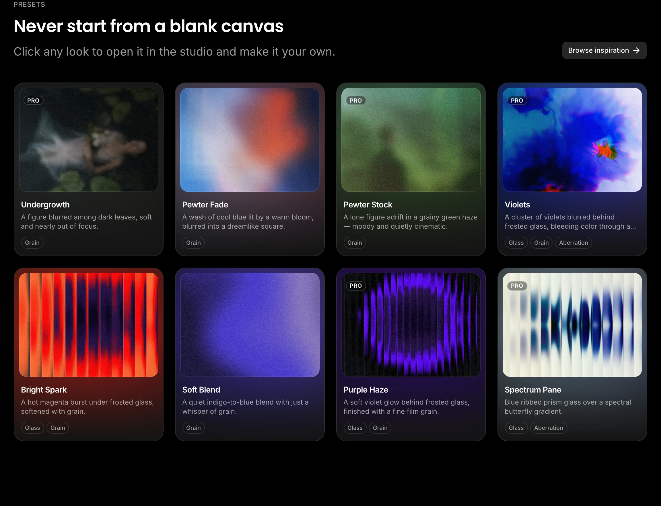 A dark, atmospheric gallery grid showcasing blurry visual presets and aesthetic texture templates for creative starters.