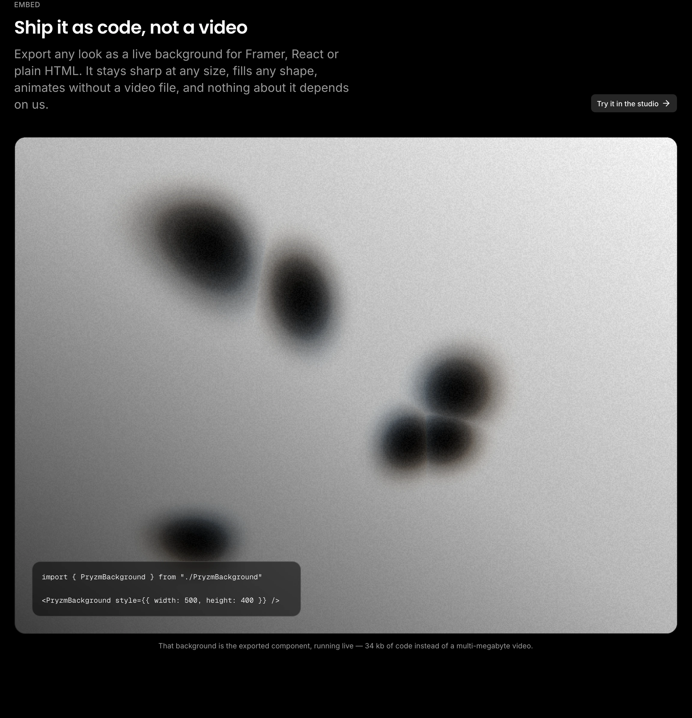 A stark dark-mode feature showcase pairing technical export copy with a textured, abstract generative canvas and code overlay.