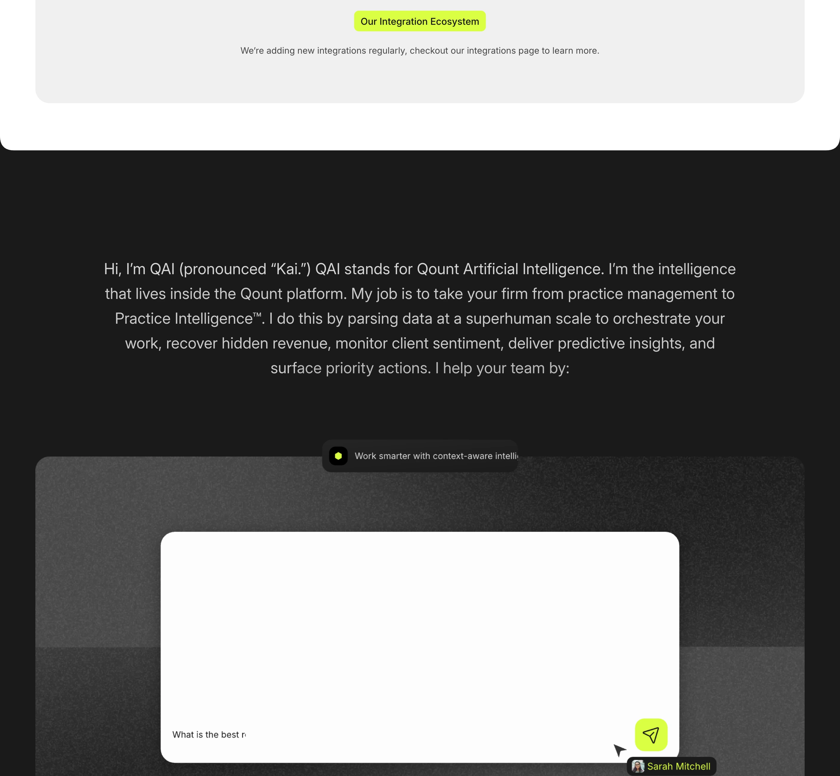 Dark, focused AI feature introduction pairing conversational copy with a clean interactive chat interface mockup.