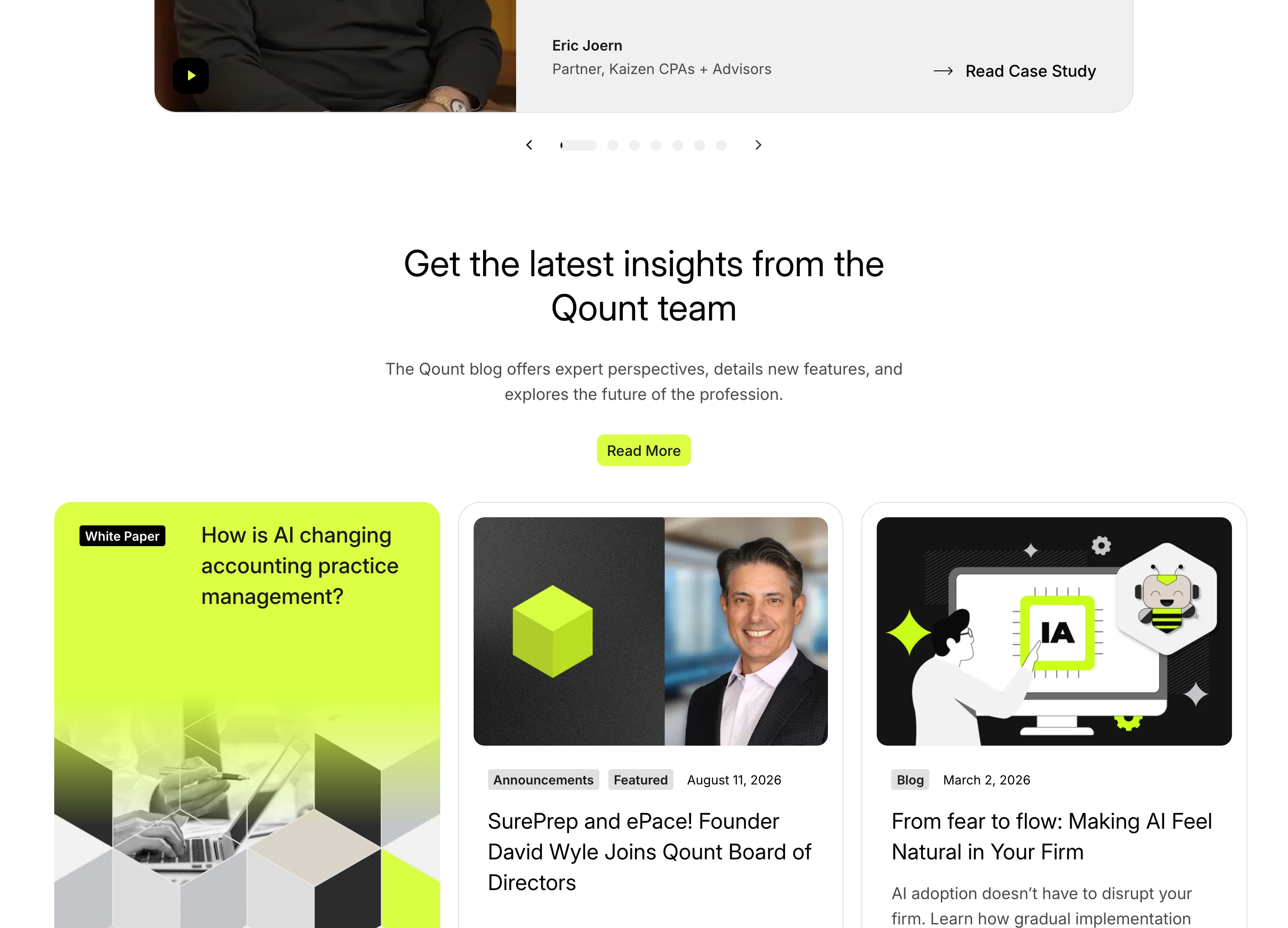 Crisp corporate blog showcase balancing rounded white resource cards with sharp electric lime accent highlights.