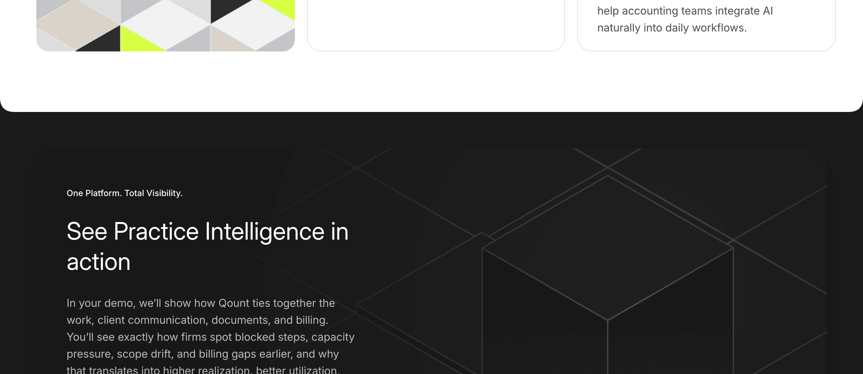 A dark, technical demo section with crisp white typography set against subtle isometric wireframe line art.