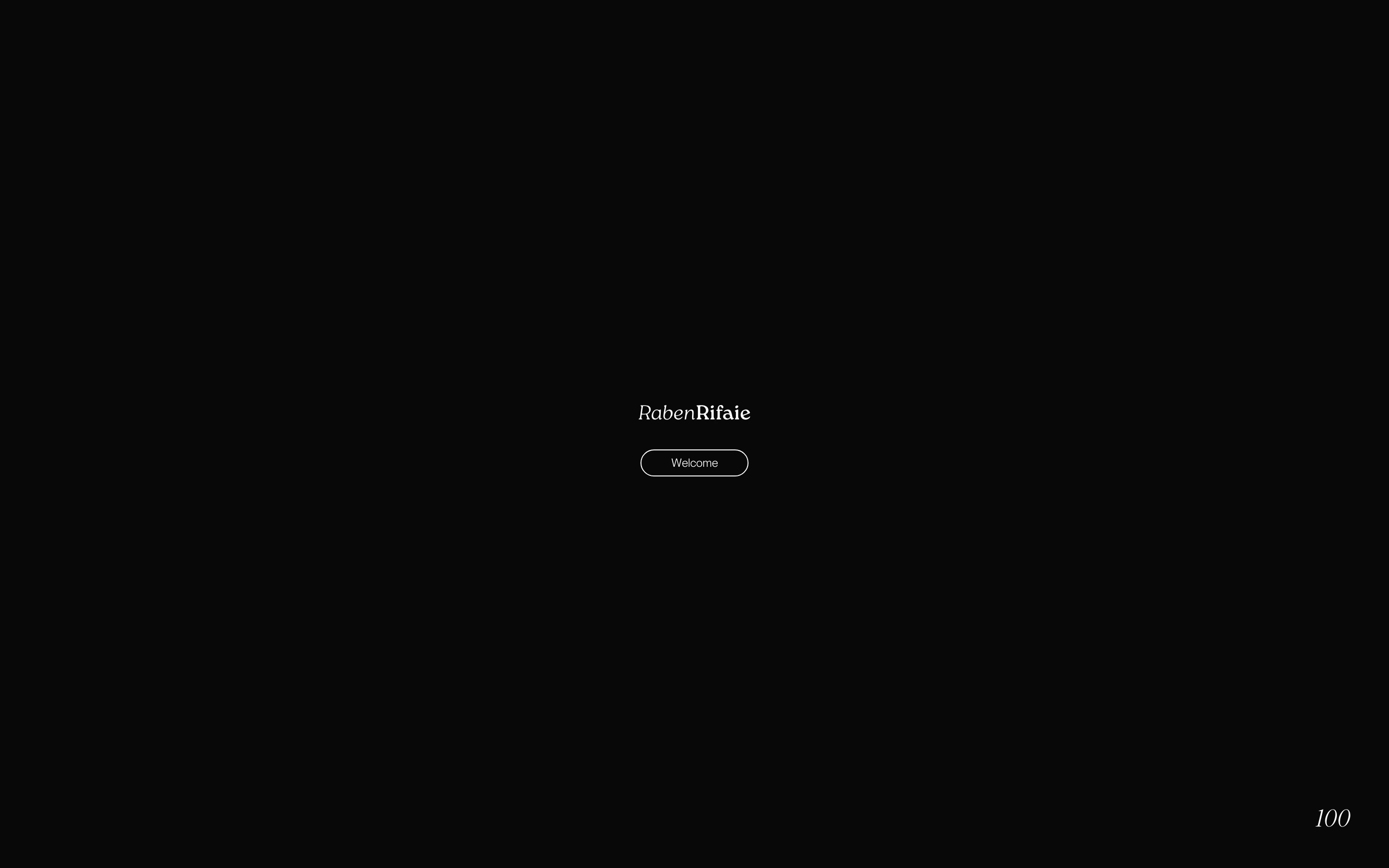 An ultra-minimal black splash screen featuring delicate centered typography, an outlined welcome pill, and a discreet bottom-right corner counter.