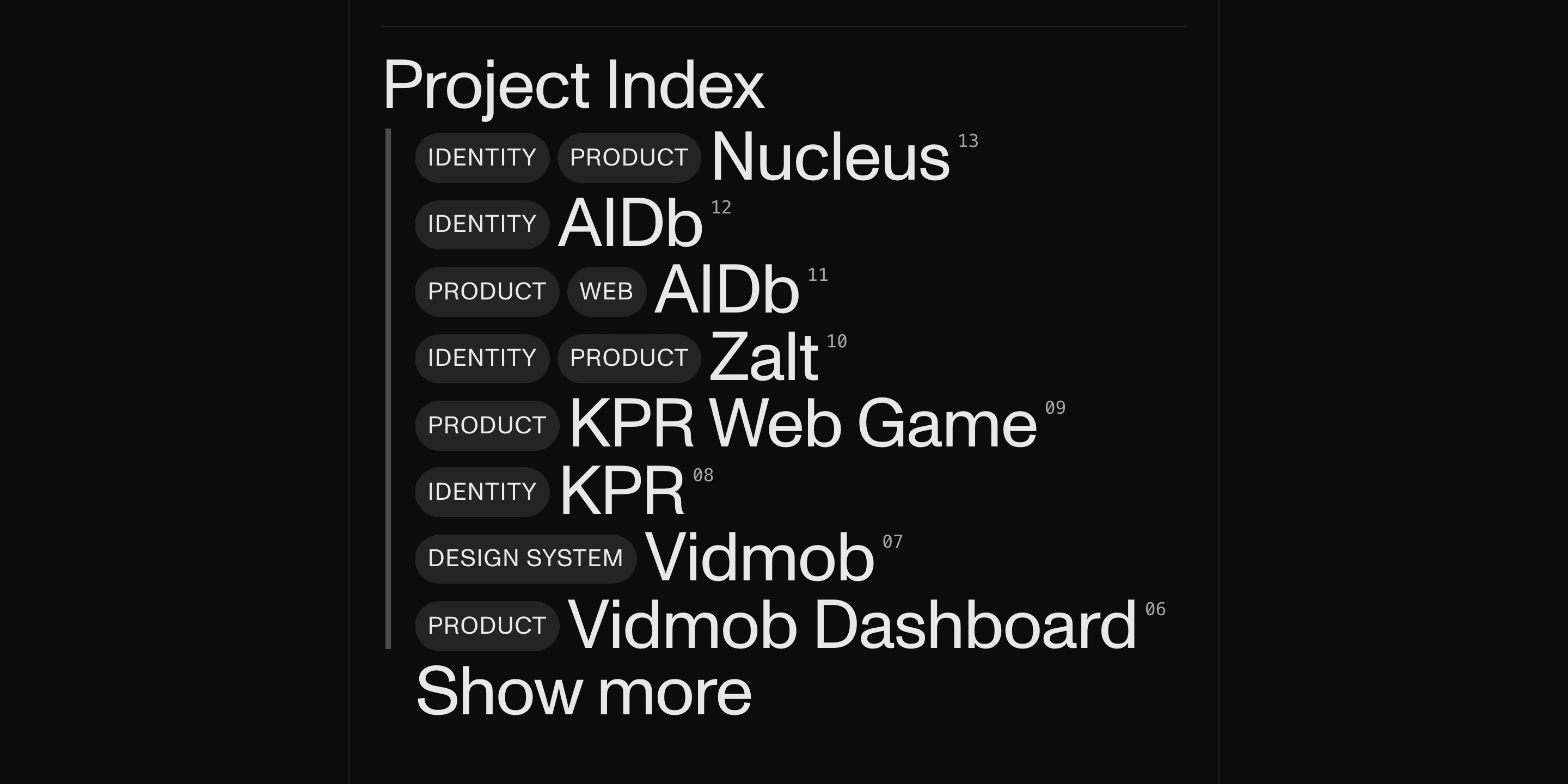 A stark, disciplined monochrome index that structures project titles with taxonomy pills and subtle numeric superscripts.