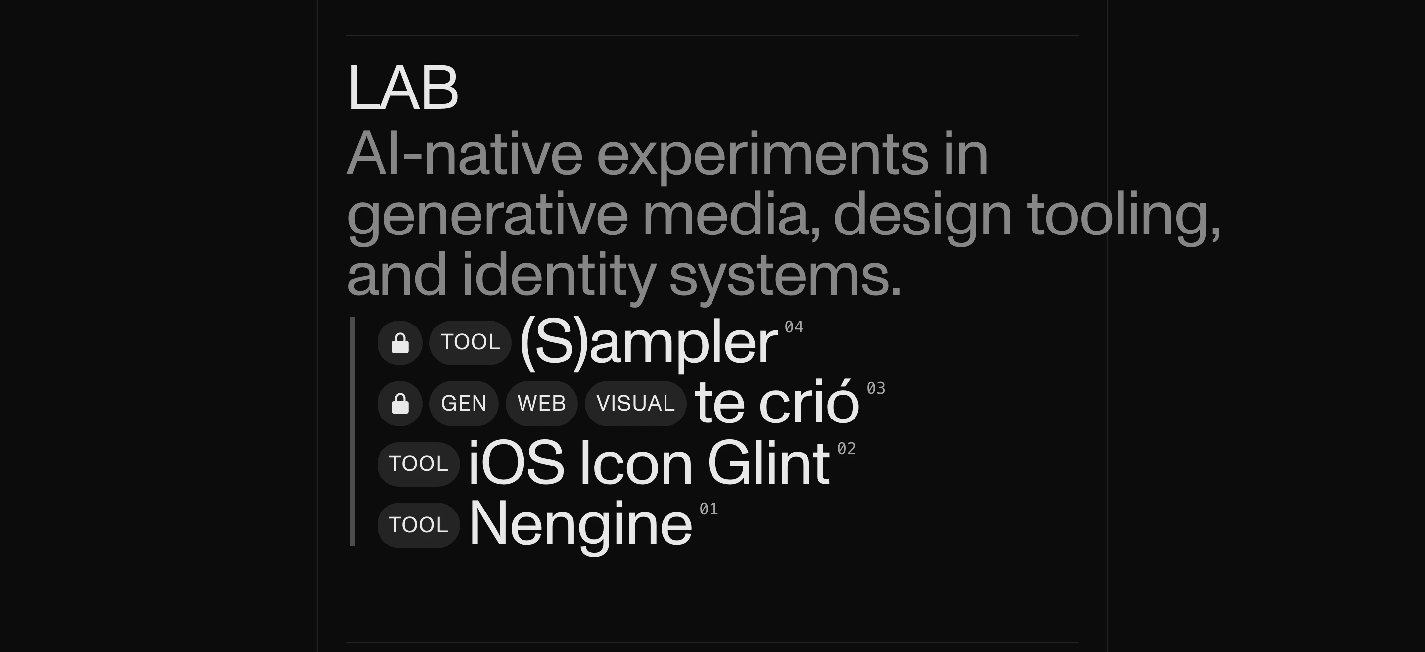 A stark dark research index pairing dense typographic hierarchy with compact pill metadata tags.