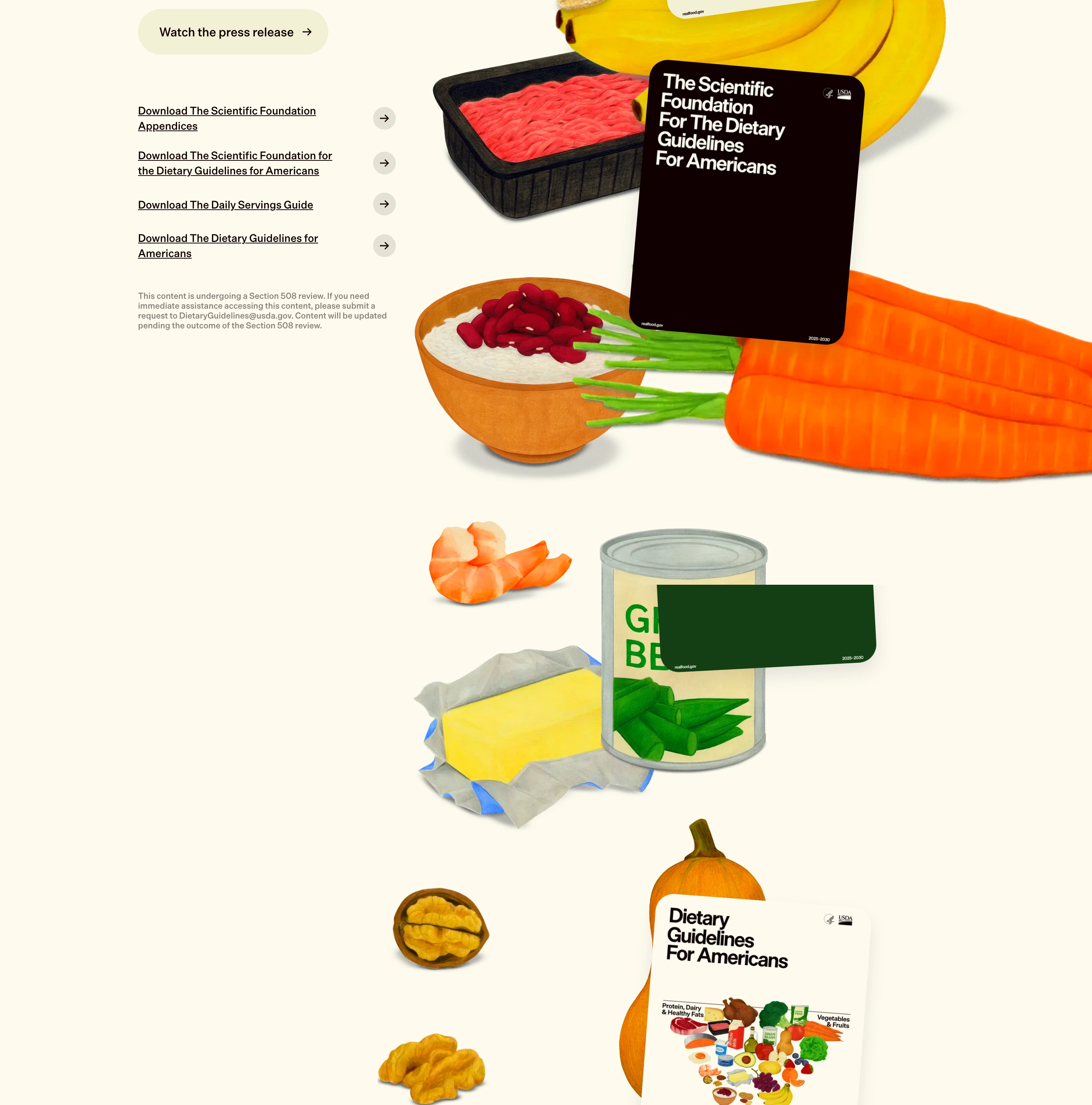 An airy, warm editorial section blending realistic food illustrations with floating publication covers and clean download links.