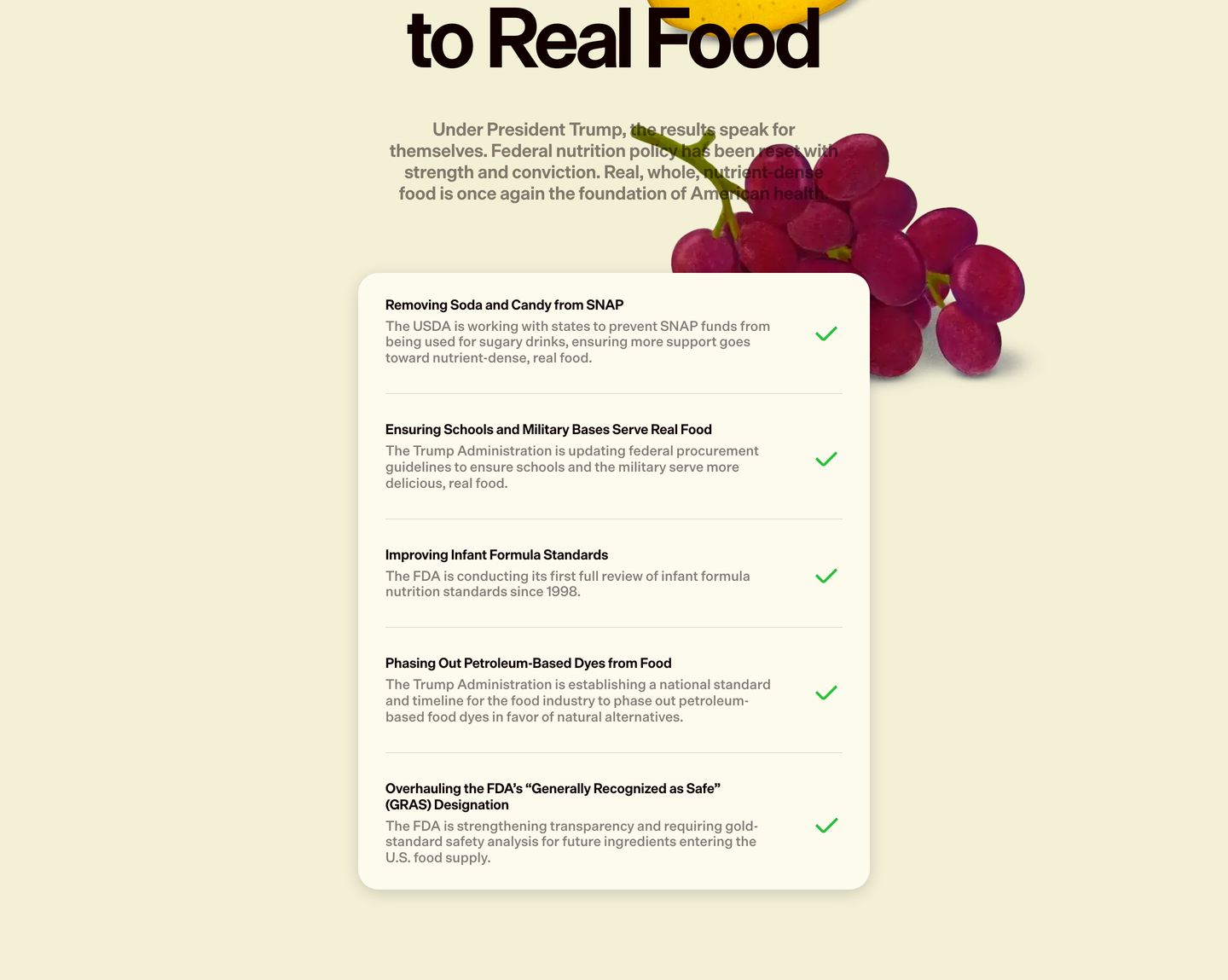 Warm, organic list card featuring policy bullet points layered beneath realistic fruit photography.