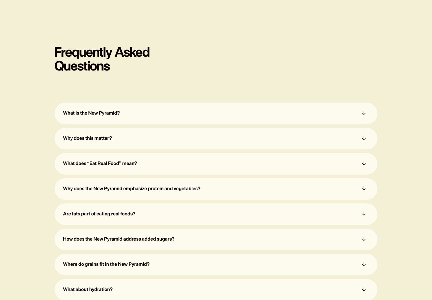A clean, warm cream FAQ accordion with soft pill-shaped rows and tight grotesque typography.
