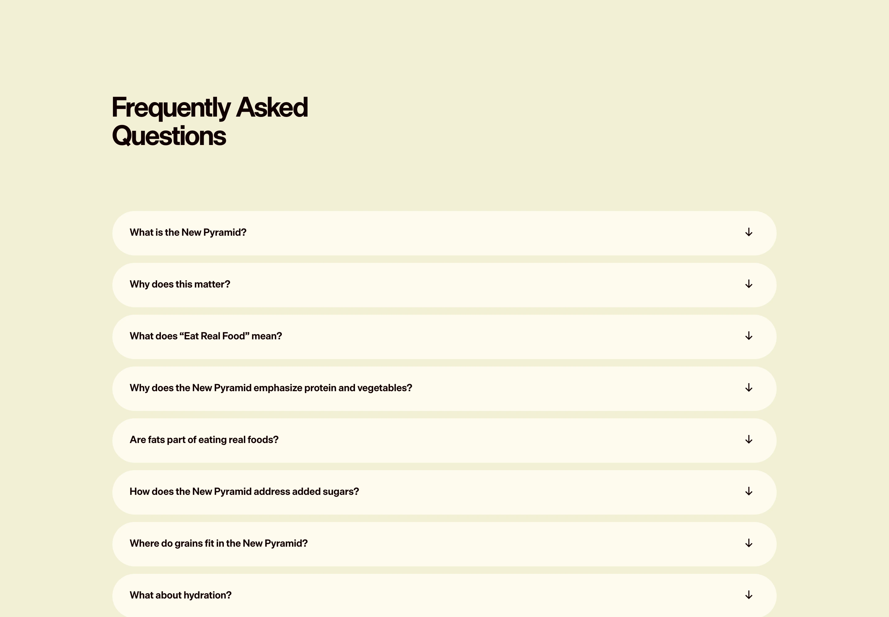 A clean, warm cream FAQ accordion with soft pill-shaped rows and tight grotesque typography.
