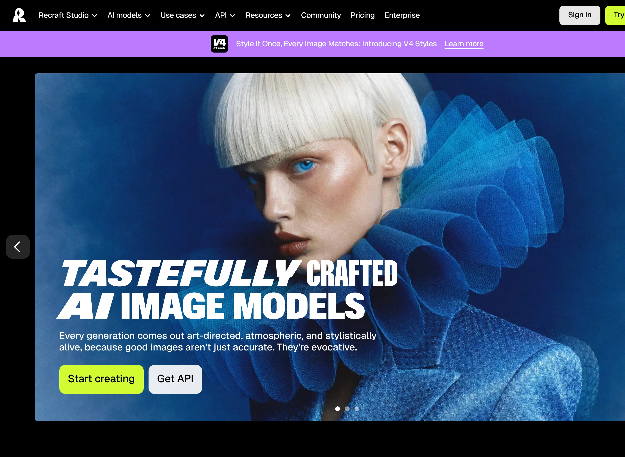 High-fashion avant-garde imagery anchors an intense dark hero section featuring bold variable typography and high-contrast neon accents.
