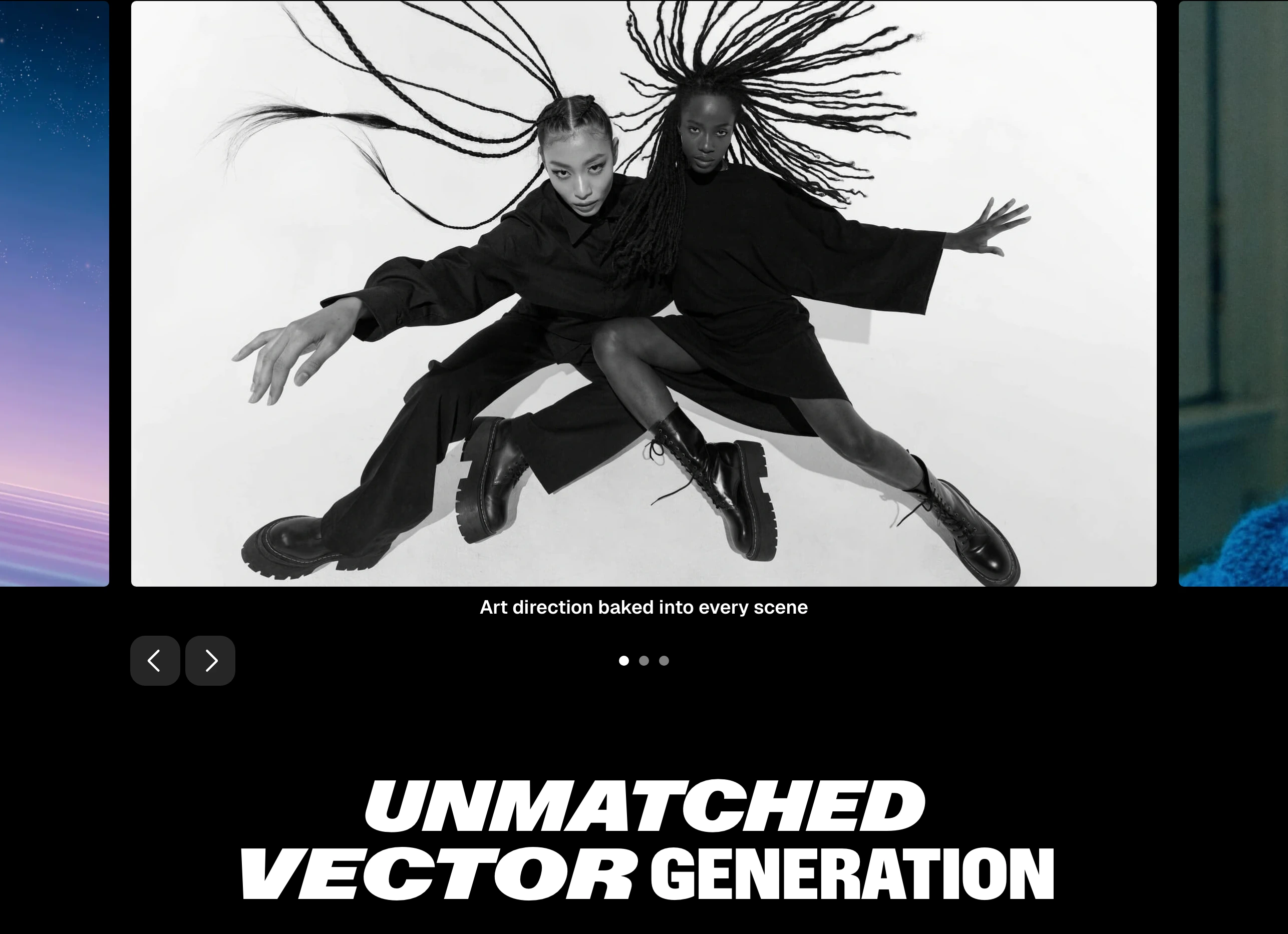 A high-fashion monochromatic image carousel sits dramatically over massive italicized display typography against a pitch-black canvas.