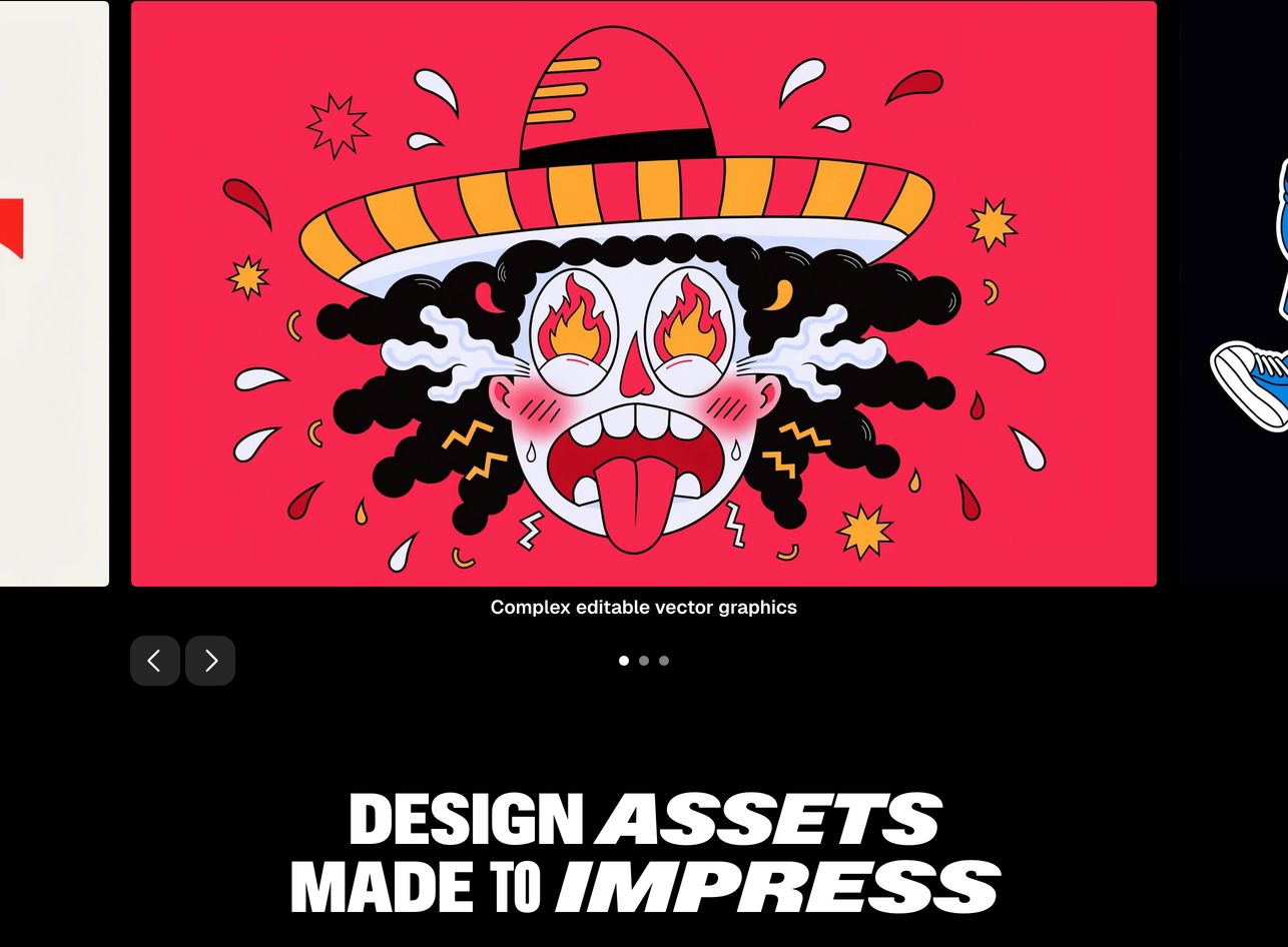 Loud and energetic dark-mode asset showcase featuring punchy cartoon vector artwork above high-impact variable display typography.