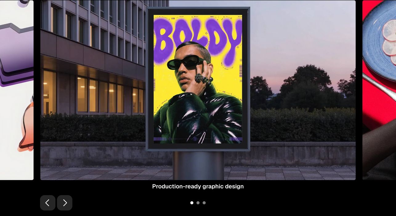 Sleek dark showcase carousel framing a vibrant outdoor billboard mockup between peek-through neighboring slides.