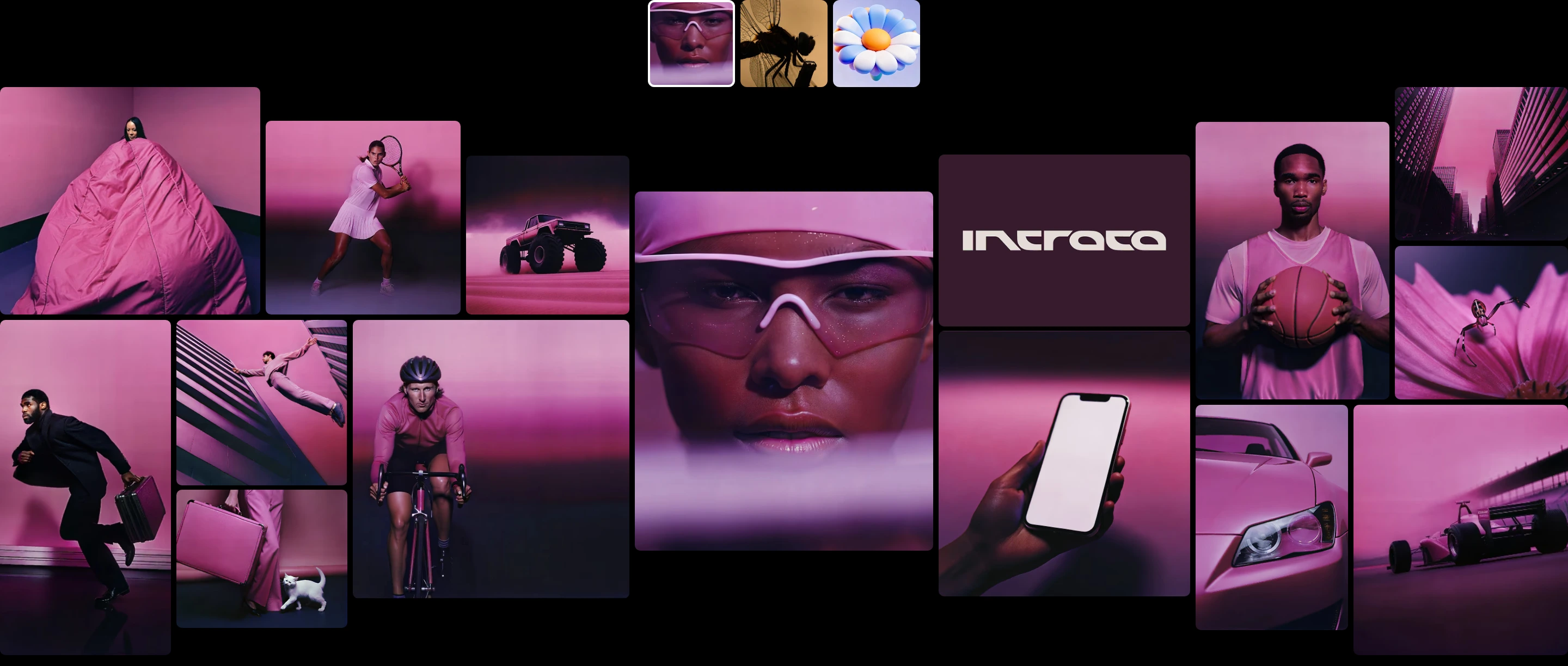 A hyper-stylized image collage bathed in monochrome pink and violet tones creates a futuristic, high-fashion showcase against pure black.