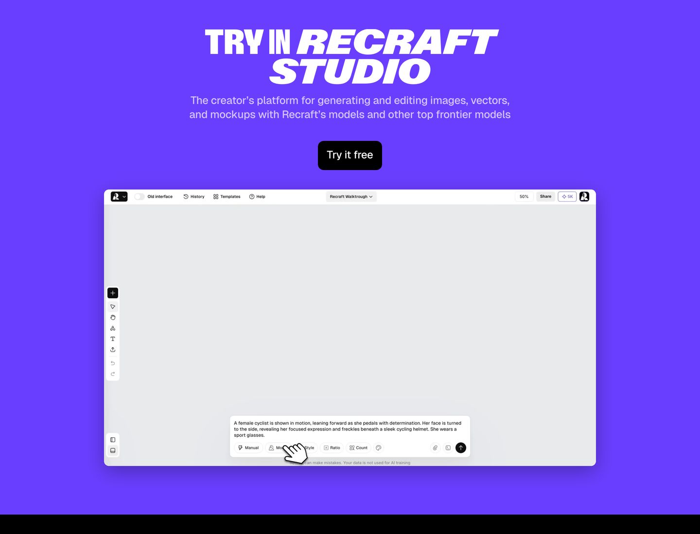 High-energy electric purple call to action showcasing an interactive studio canvas under expressive, oversized display typography.