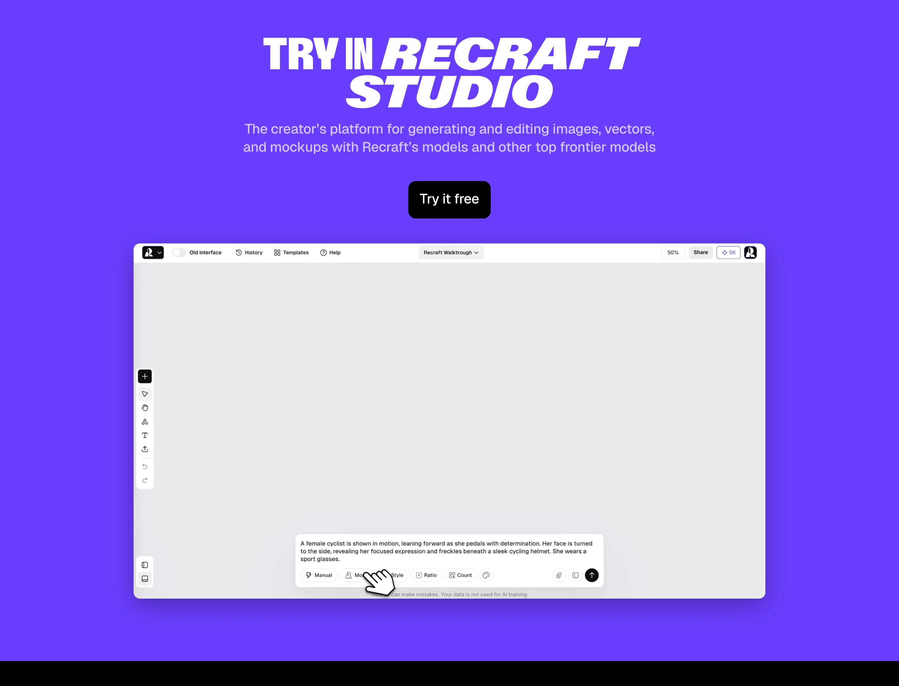 High-energy electric purple call to action showcasing an interactive studio canvas under expressive, oversized display typography.