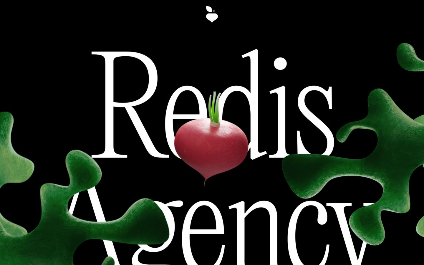 Dramatic dark statement hero layering tactile 3D radish and organic splash renders over towering high-contrast typography.