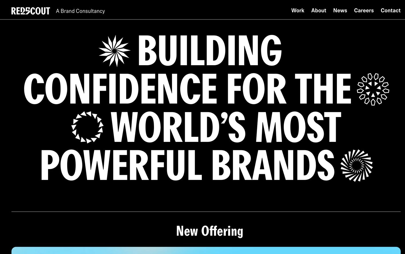 High-contrast, stark agency hero commanding attention through massive condensed typography interspersed with dynamic geometric glyphs.