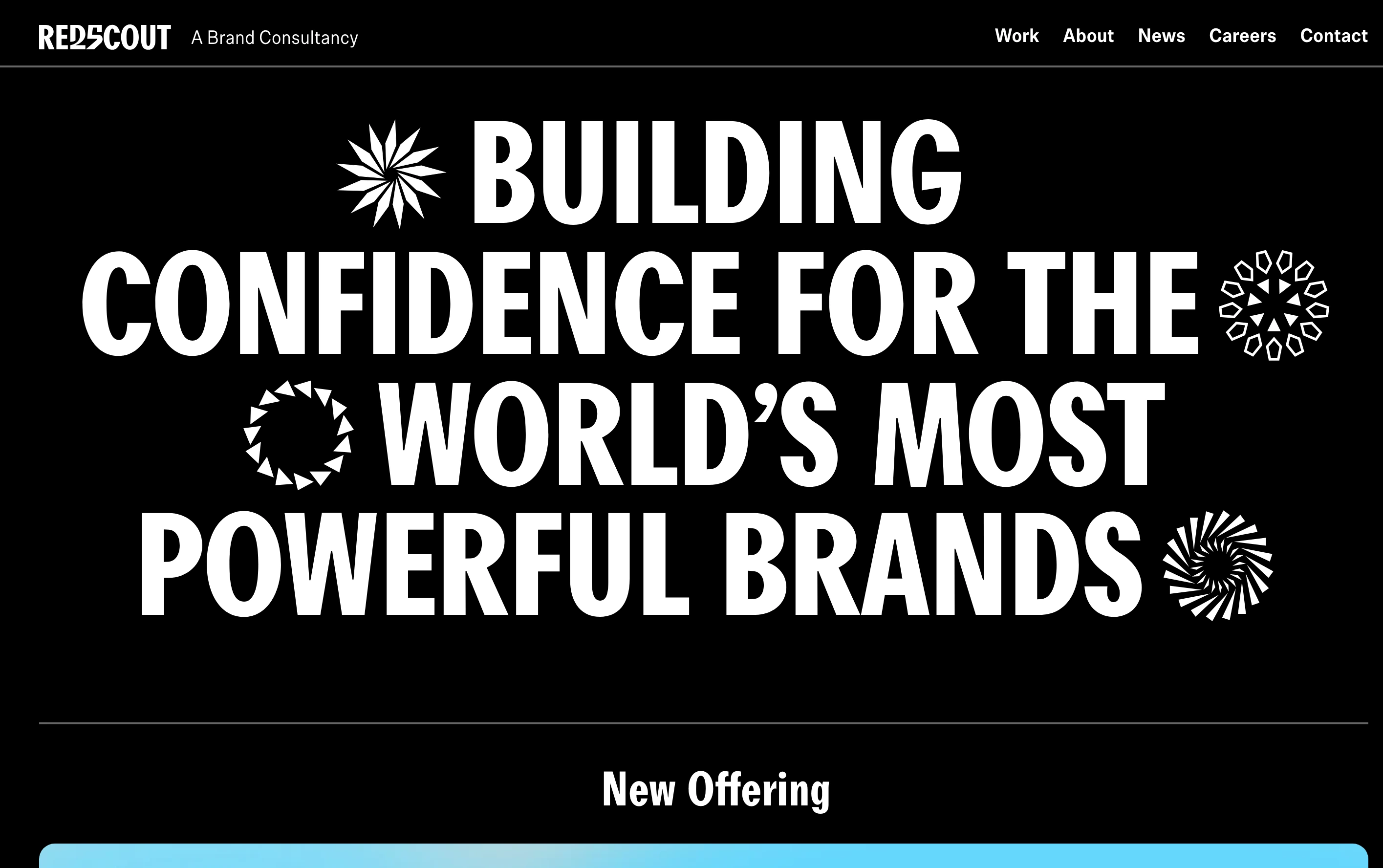High-contrast, stark agency hero commanding attention through massive condensed typography interspersed with dynamic geometric glyphs.