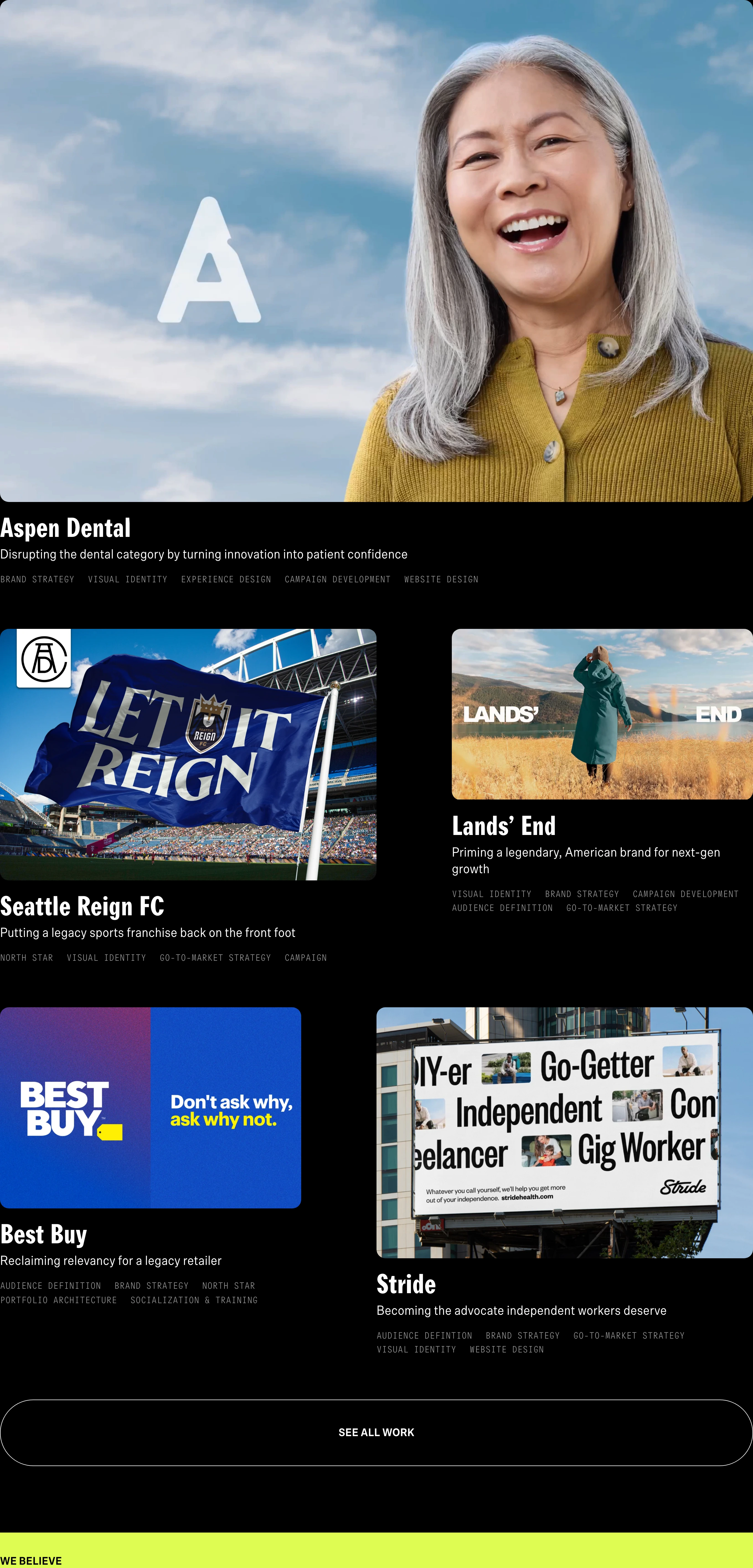 A high-contrast, dark-mode agency portfolio grid showcasing bold case studies with sharp condensed typography and vivid imagery.