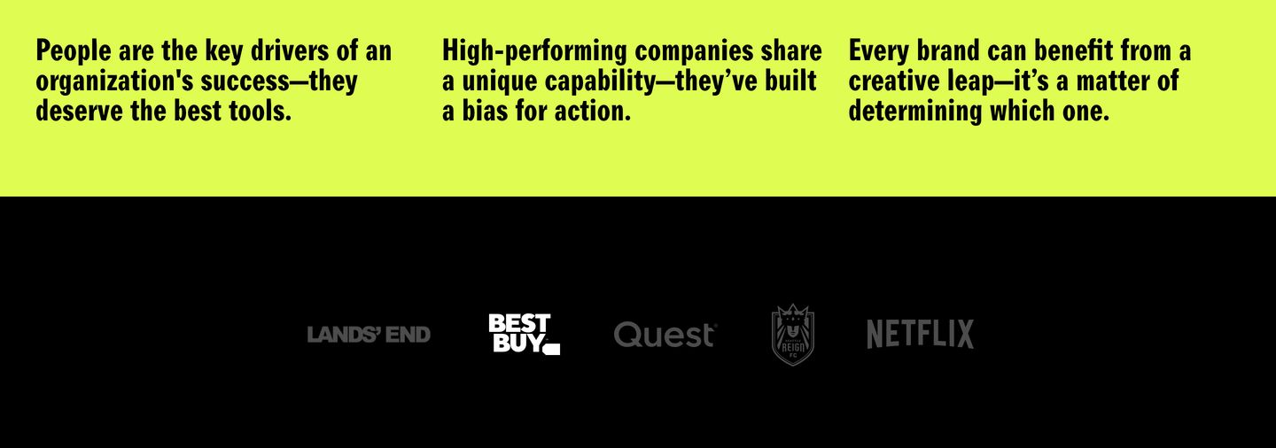 High-contrast statements in bold condensed type sit over an electric chartreuse band transitioning into a dark client logo row.