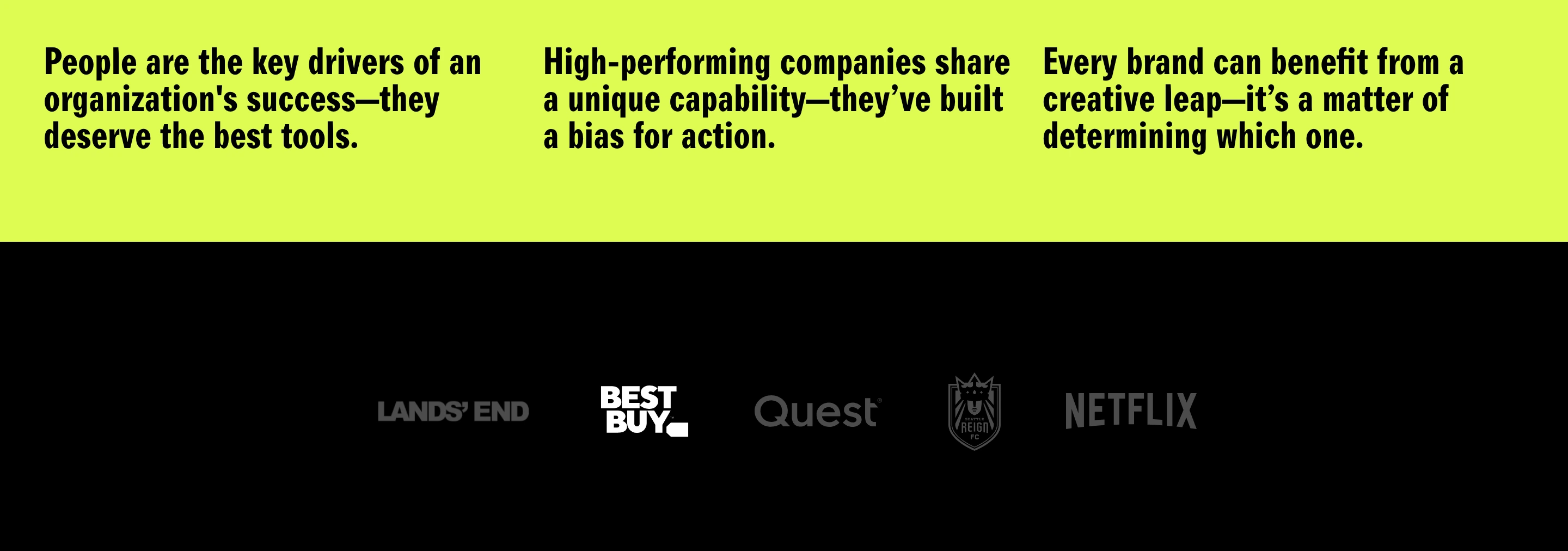 High-contrast statements in bold condensed type sit over an electric chartreuse band transitioning into a dark client logo row.