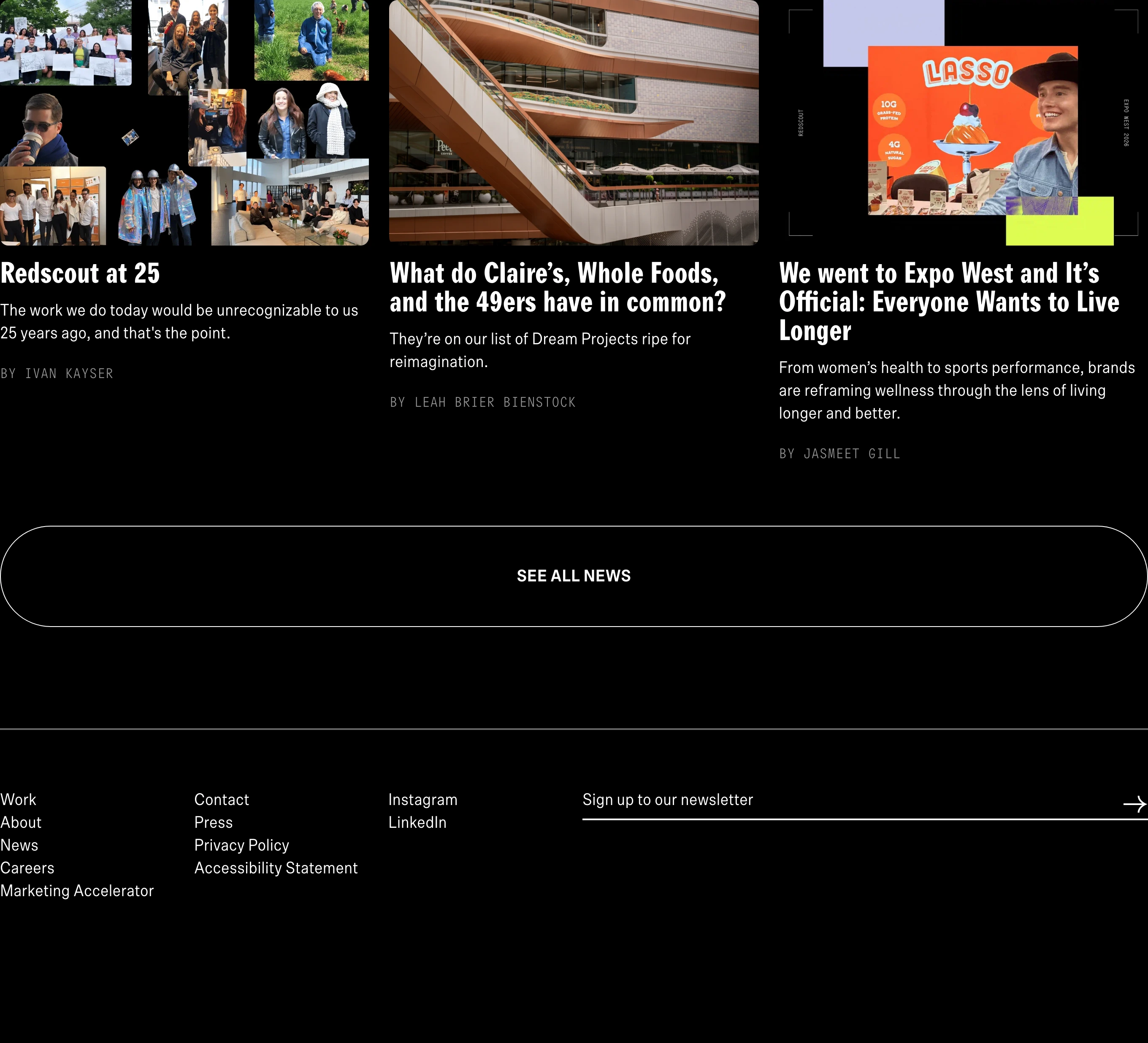 A stark black editorial grid showcasing agency news and culture alongside a wide pill button and minimalist footer navigation.