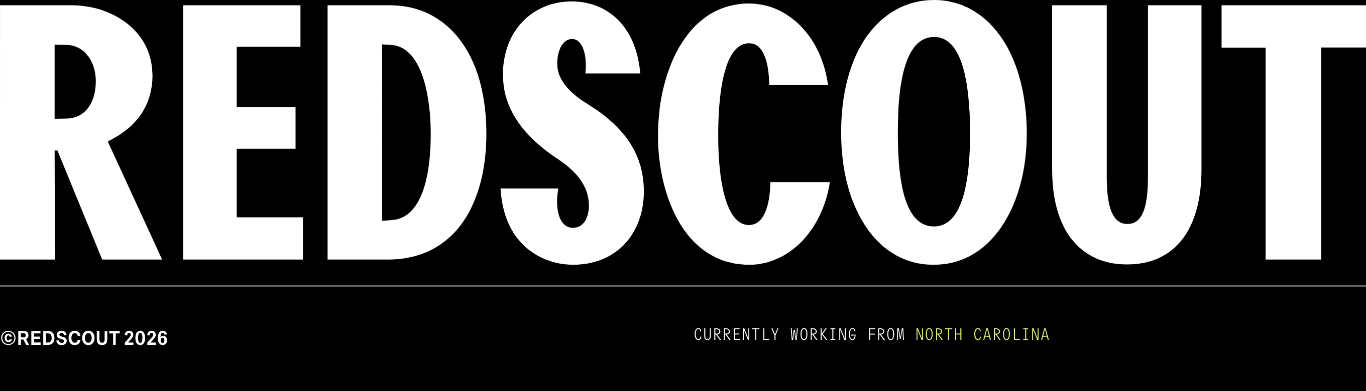 Massive edge-to-edge typography dominates a minimalist black footer grounded by fine-print metadata.
