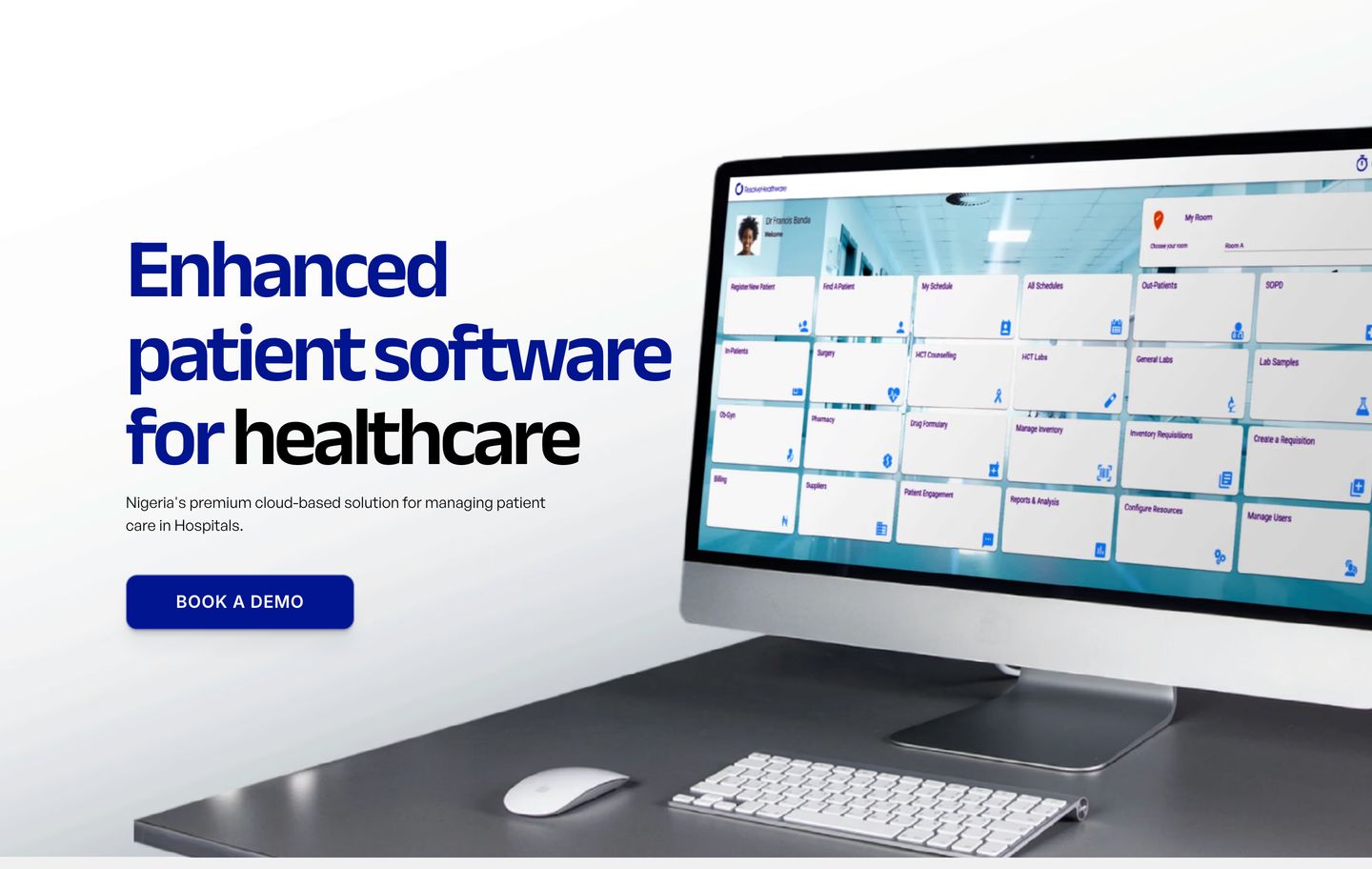 Bright, clinical SaaS hero pairing bold blue typographic emphasis with an angled realistic desktop monitor mockup.