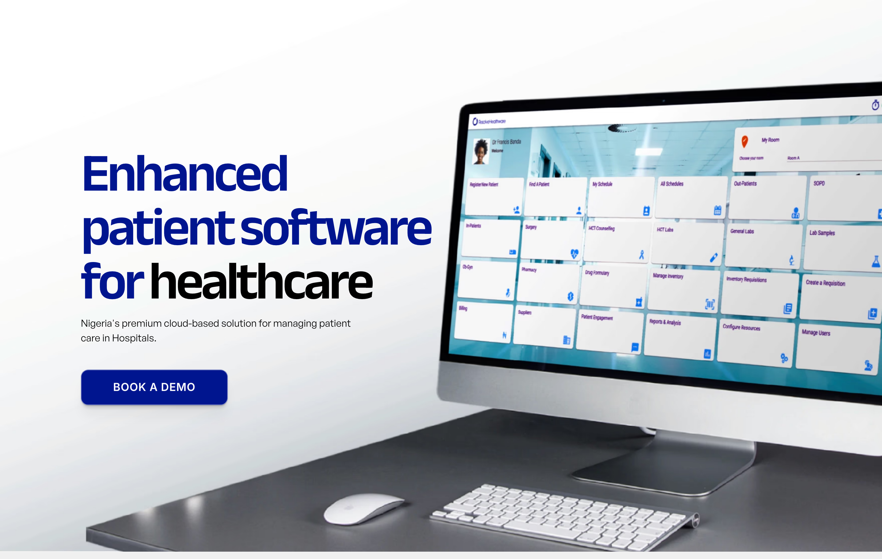 Bright, clinical SaaS hero pairing bold blue typographic emphasis with an angled realistic desktop monitor mockup.