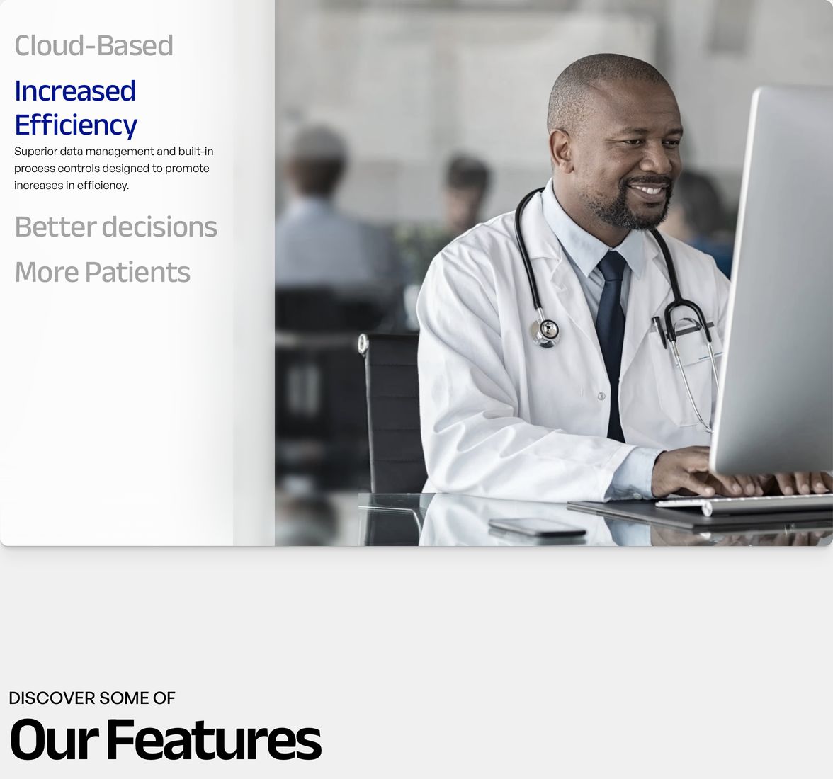 A clean healthcare feature card pairing interactive benefit tabs with workplace photography above a bold section header.