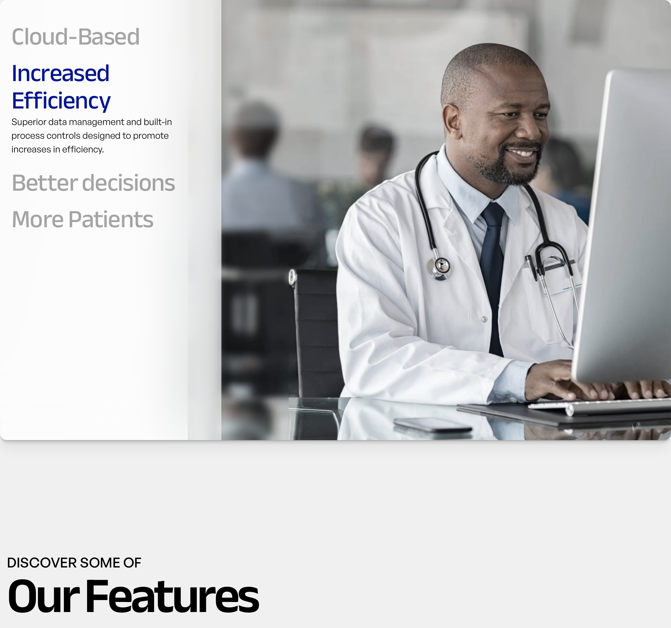 A clean healthcare feature card pairing interactive benefit tabs with workplace photography above a bold section header.