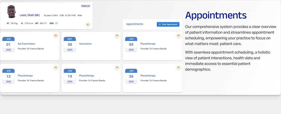 A crisp, clinical healthcare feature section pairing modular appointment schedule cards with straightforward descriptive copy.