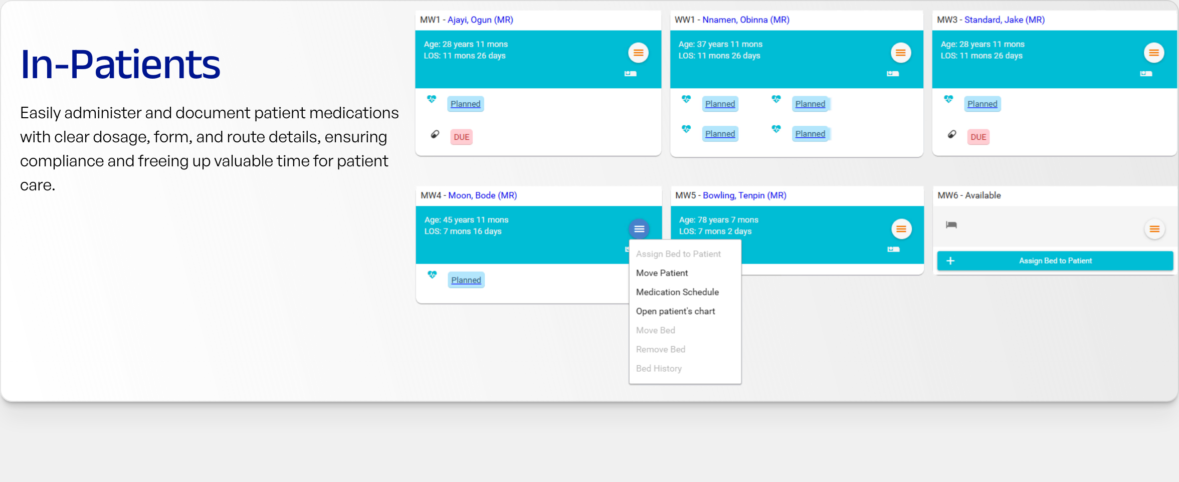 Functional healthcare SaaS feature block pairing a clean dark blue headline with realistic patient ward UI cards.