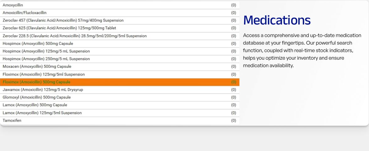 A clean, clinical feature section pairing an authentic medication database interface mockup with concise explanatory copy.