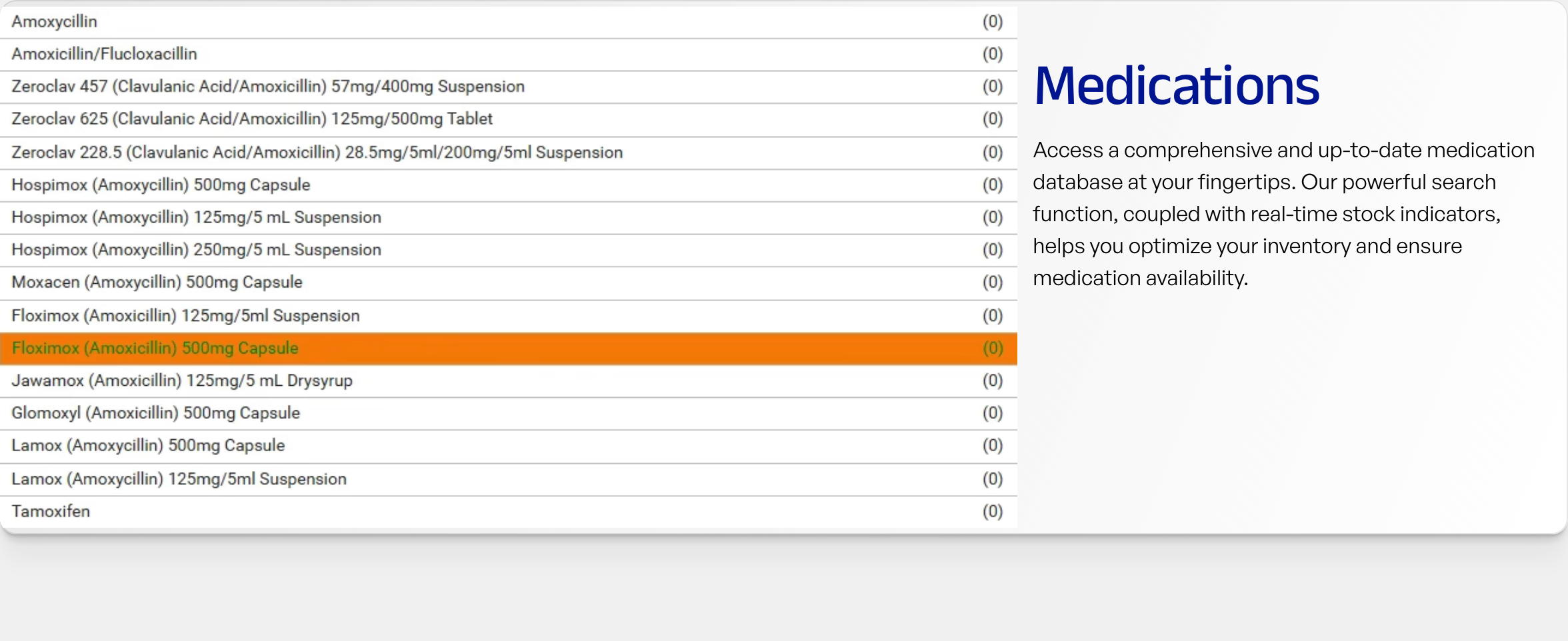 A clean, clinical feature section pairing an authentic medication database interface mockup with concise explanatory copy.