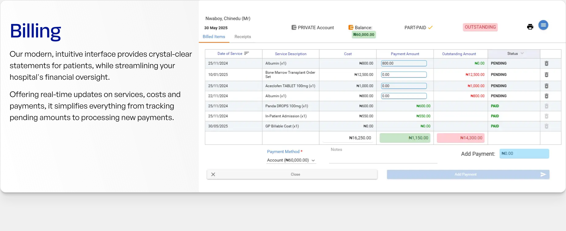 Crisp and utilitarian feature presentation pairing clean explanatory copy with a detailed healthcare billing data table.