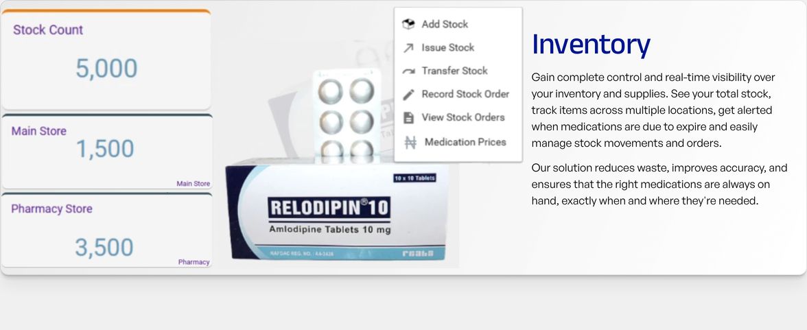 Clinical medical software feature showcase pairing inventory metrics and pharmaceutical imagery with explanatory copy.
