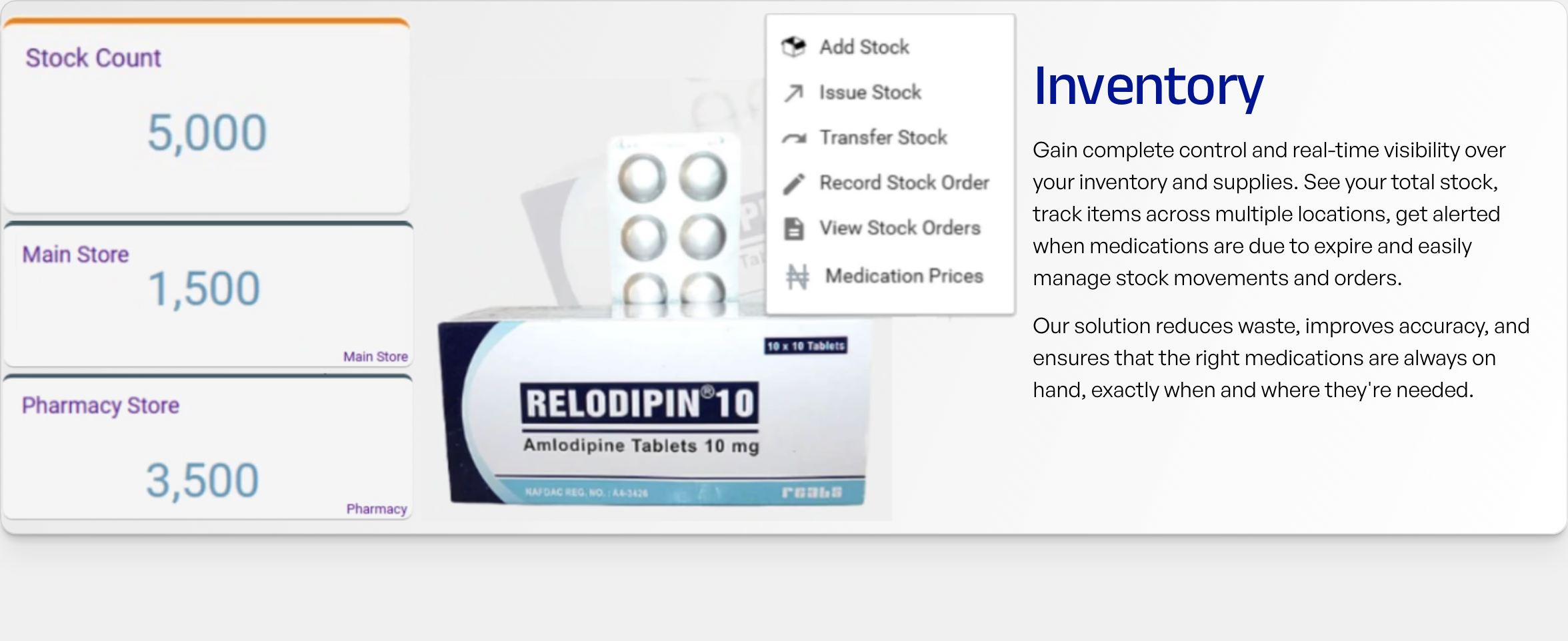 Clinical medical software feature showcase pairing inventory metrics and pharmaceutical imagery with explanatory copy.