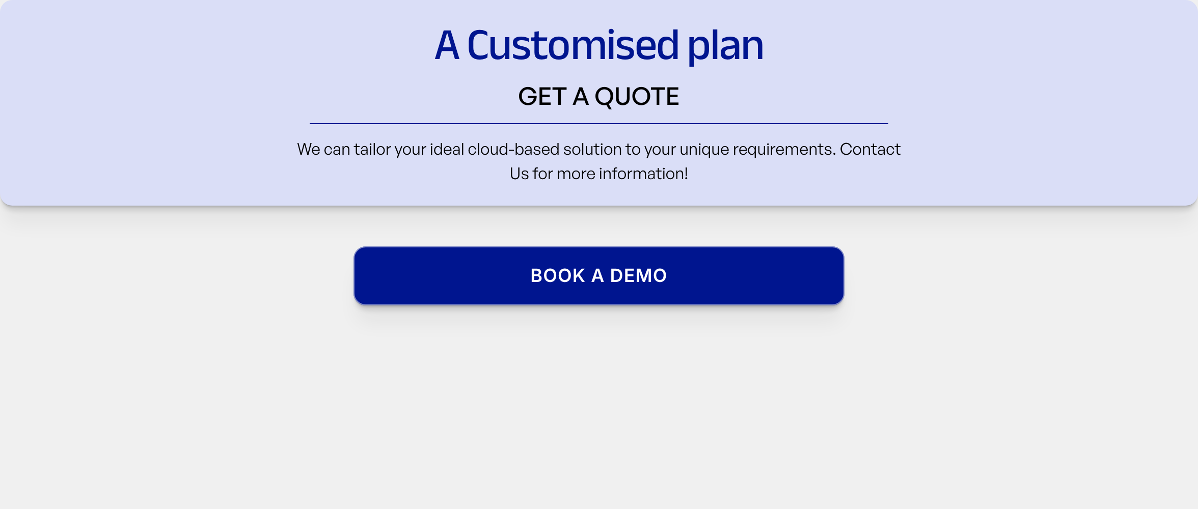 Clean and minimal custom quote callout card with a high-contrast deep blue button over a pale background.