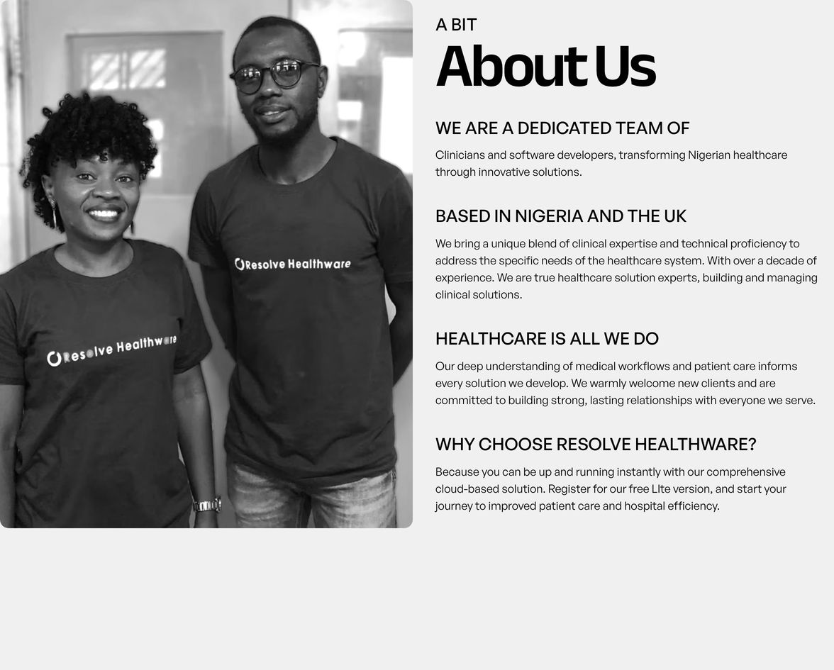 A grounded about section pairing a candid black-and-white team photograph with structured informational copy.