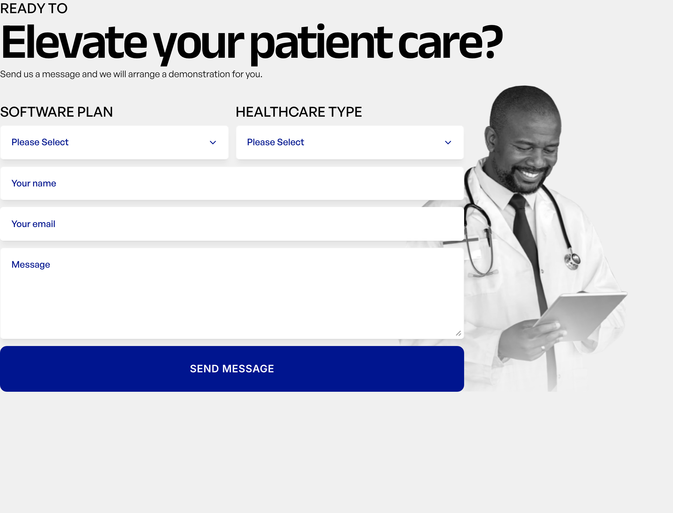 High-contrast clinical lead-capture section combining bold grotesque typography with a medical professional cutout beside a clean contact form.
