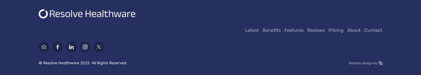 A calm, minimal deep navy footer with clean typography, balanced social media icons, and wide-set navigation links.