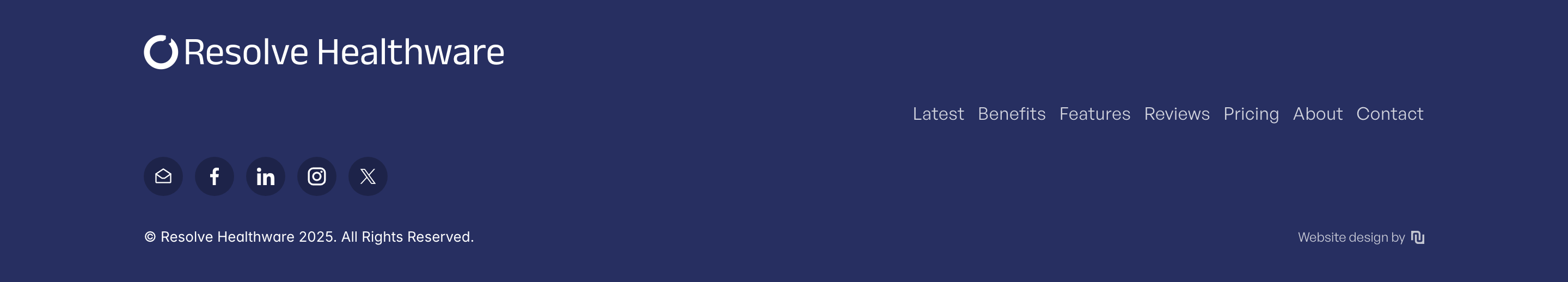 A calm, minimal deep navy footer with clean typography, balanced social media icons, and wide-set navigation links.