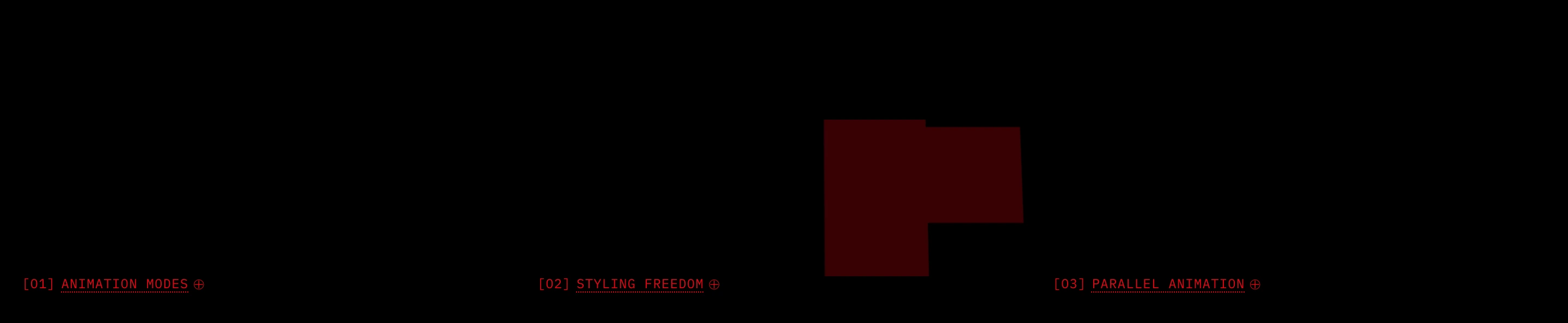 Sparse pitch-black technical canvas punctuated only by cryptic red monospace navigation labels and a brooding geometric silhouette.