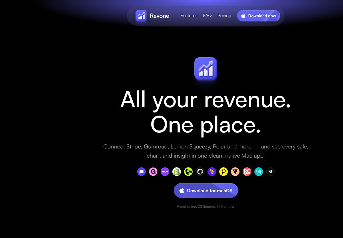 Sleek, centered dark-mode app hero with glowing purple atmospheric accents, a 3D icon, and a crisp suite of integration badges.