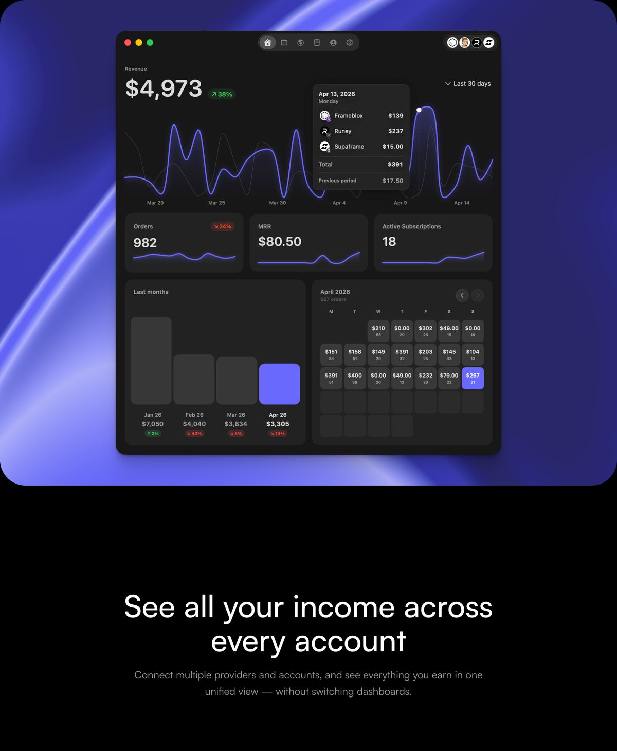 A sleek dark-mode analytics dashboard floats above a luminous violet gradient, anchored by clean centered product copy.